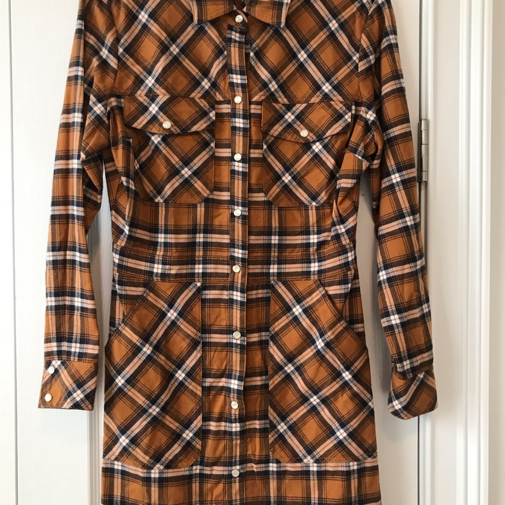 Veronica Beard Fern Plaid Cotton Flannel Mini Shirt Dress Saffron Size 8